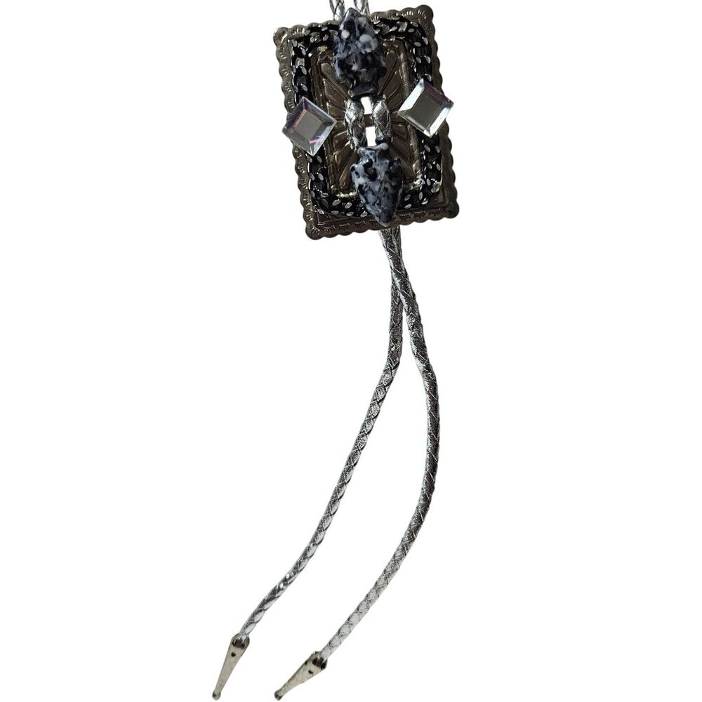 Western Style Bolo Tie Silver Black Stone Cowboy Silver Tone Tips Mens Fashion